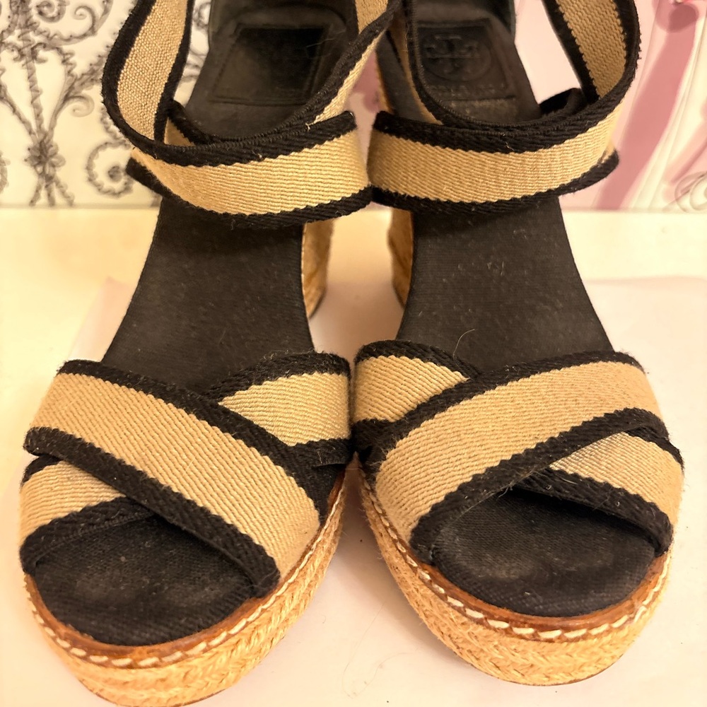 Tory Burch Beige and Black Espadrille Wedge Sandals - Size 8B